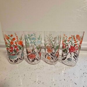 Set Of 4 Vintage Tall Glasses Floral Mcm